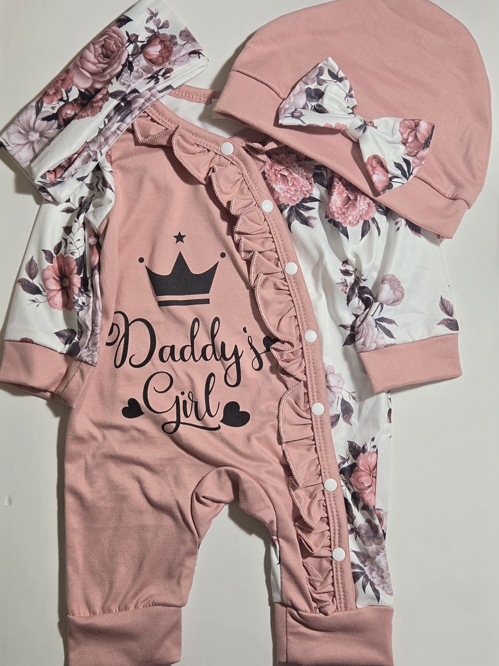 Preemie Baby Girl Daddy's Girl Floral Romper Set Dusty Pink Hat Headband NWOT